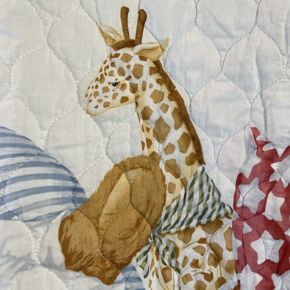 Baby Blanket Quilt Blue White Green Bear Giraffe Toy Satin VTG Cottage Farm Boho - Picture 6 of 11